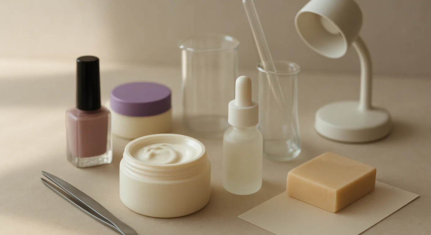 A loose group of everyday personal-care items on a pale neutral surface: a cream jar, a nail polish bottle, a pair of tweezers and a small handheld lamp in soft daylight