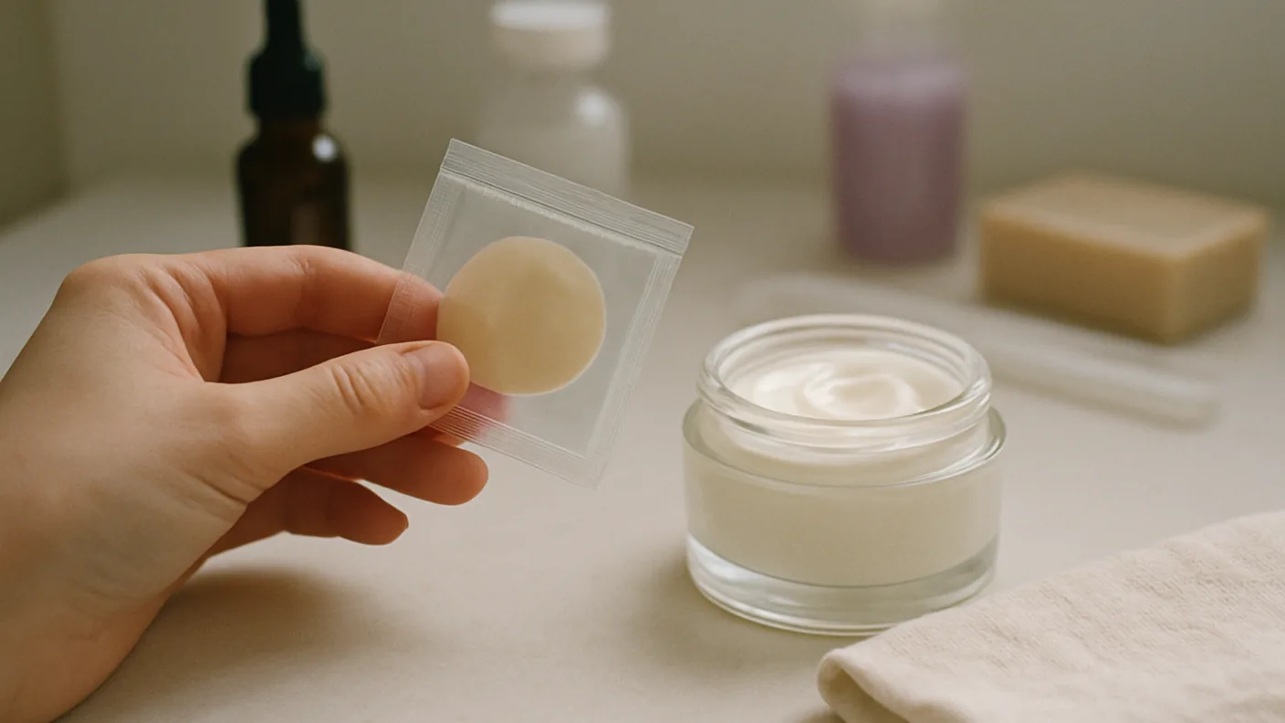 A hand holding a small sealed skin patch pack beside an open jar of face cream on a pale surface