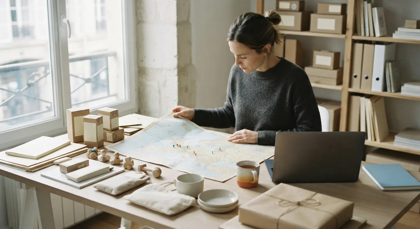 A seller at a wooden desk looking over a large printed map of Europe with several countries marked by plain coloured pins