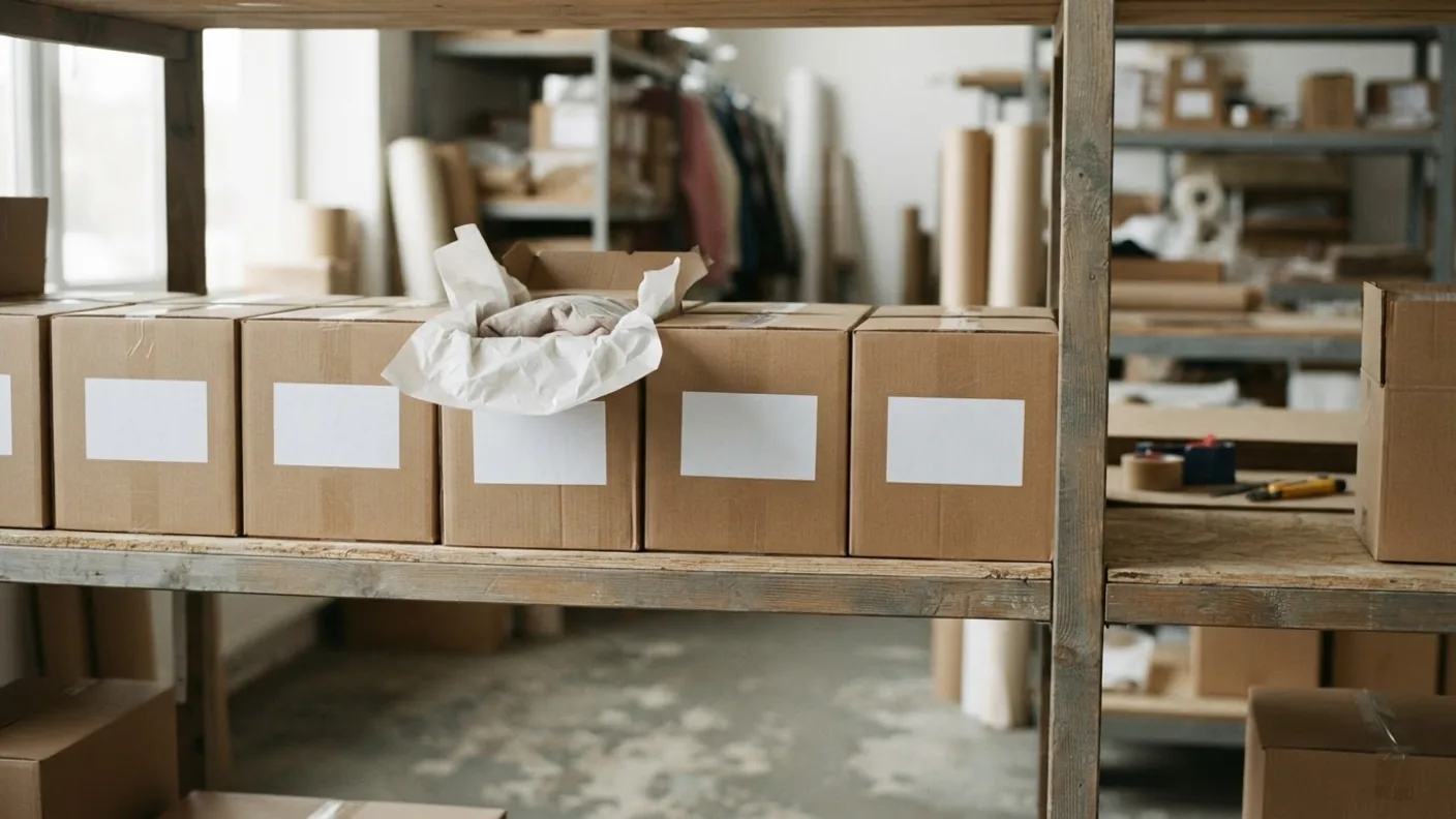 A row of plain shipping cartons on a warehouse shelf, each with a blank white label panel