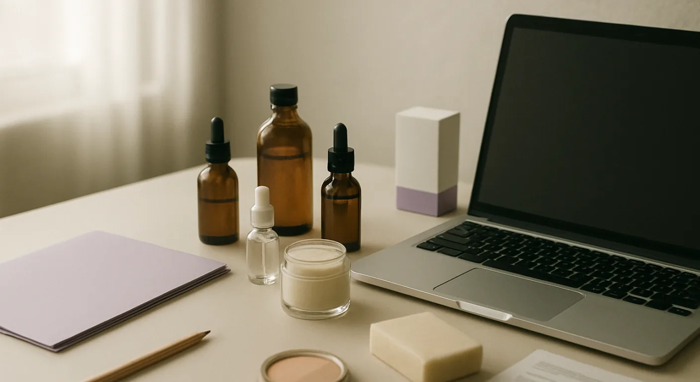 A tidy desk in soft daylight with a closed folder of papers, a small glass jar of cream and a laptop with a blank screen