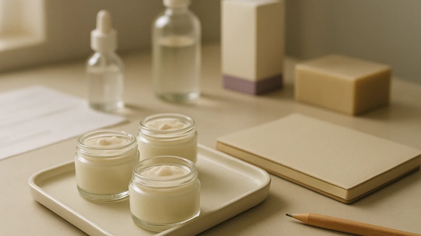 Three small unlabelled sample jars of cream in a row beside a notebook and pencil on a pale tray