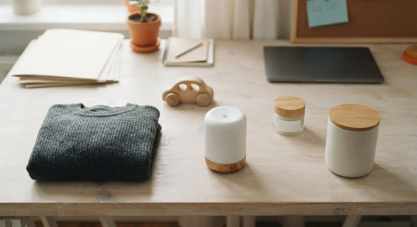 An overhead view of unbranded consumer products on a pale table: a knitted jumper, a wooden toy, a small appliance, a cosmetics jar and a kitchen container