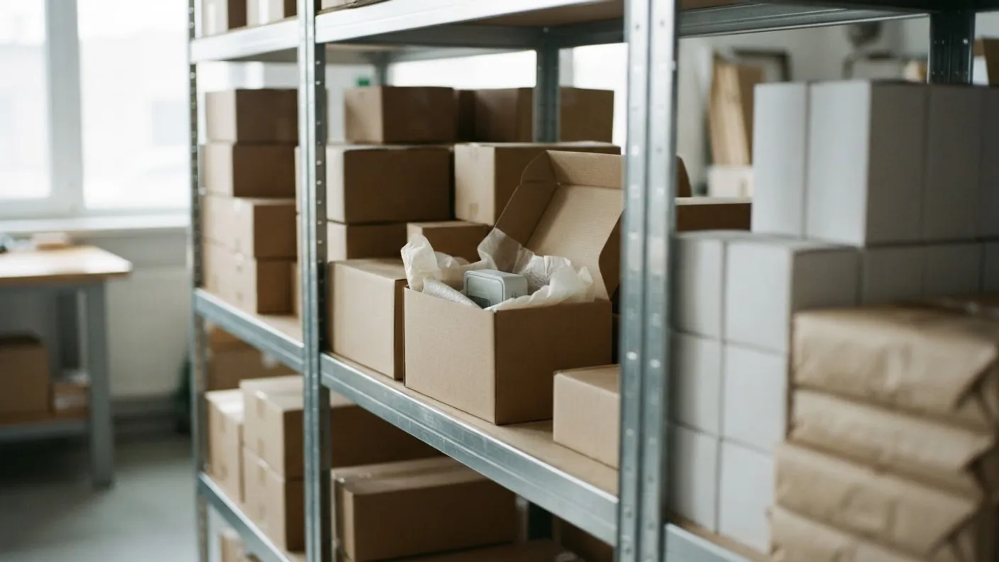 A warehouse shelf of plain cardboard boxes with one box open to show a small unbranded electronic device in protective wrap
