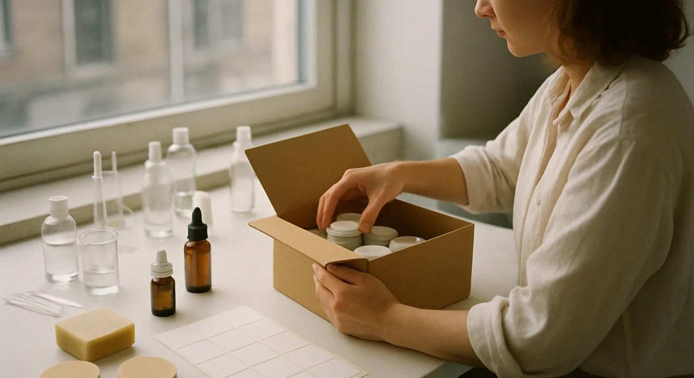 A cosmetics founder at a bright workbench placing small unbranded jars into a shipping box beside a sheet of blank adhesive labels