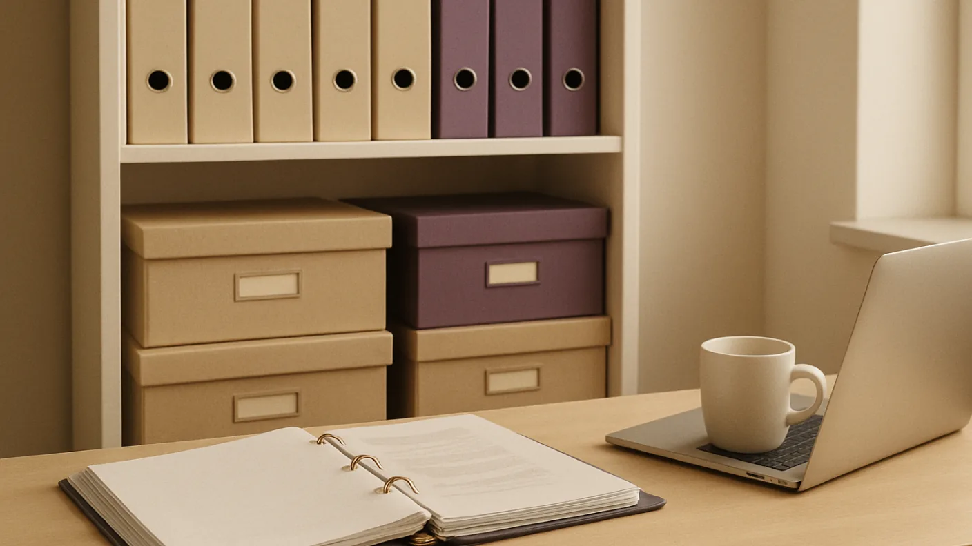 A tidy shelf of archive boxes and ring binders in a small office, with one binder open on a desk beside a laptop and a mug