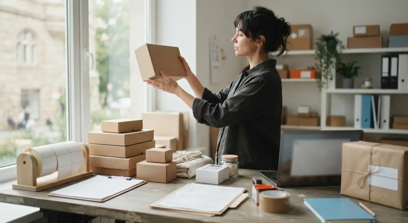 A small brand owner at a packing bench holding a plain cardboard product box up to the light beside a roll of blank white labels