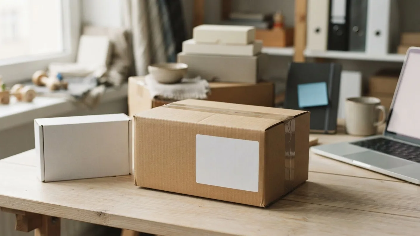 A parcel on a table with a blank adhesive label on its side and an unbranded product box next to it