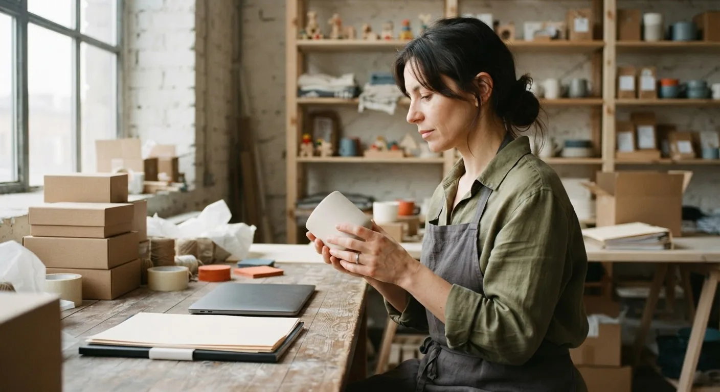 A small business owner at a workshop bench examining a finished plain product beside a closed laptop and a folder of papers