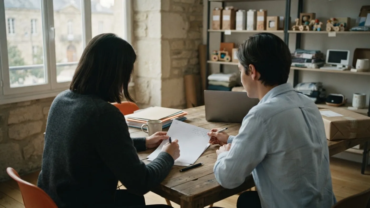 Two people at a meeting table reviewing a printed document together, with a pen and a coffee cup beside them