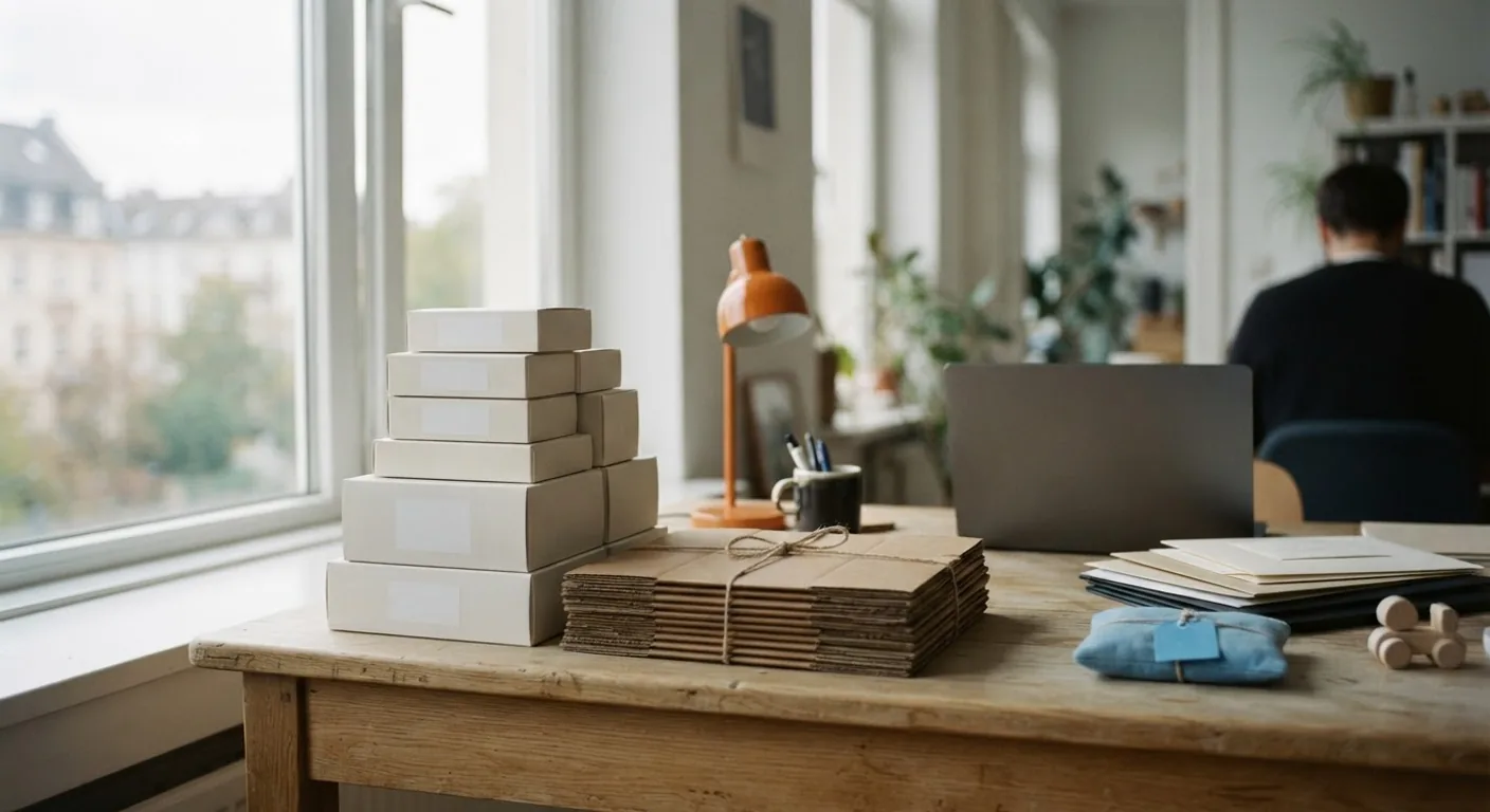 Two neat stacks on an office desk, one of product boxes and one of flattened recycling cardboard, side by side