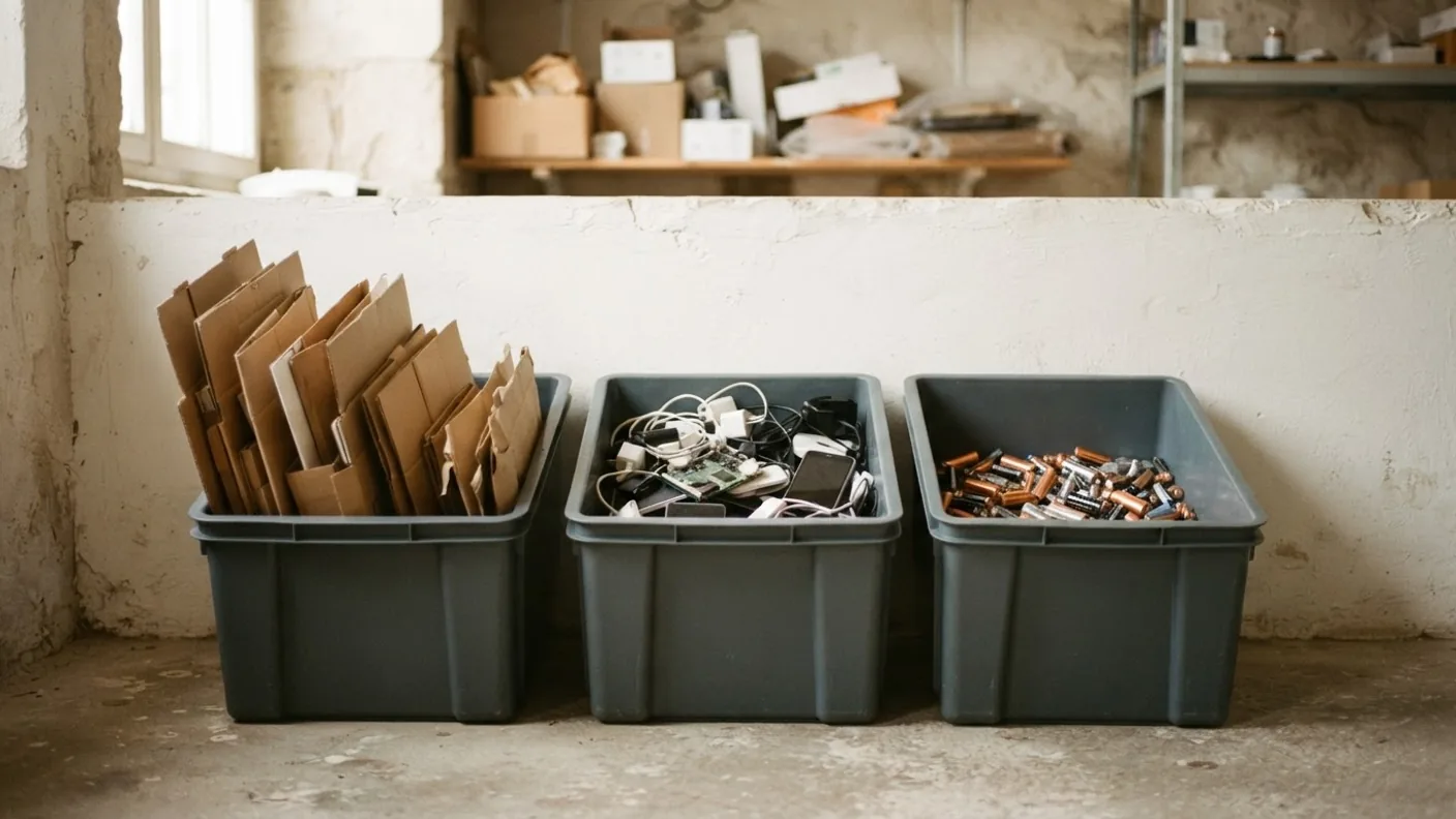 Sorted recycling bins for cardboard, small electronics and batteries in a bright storeroom