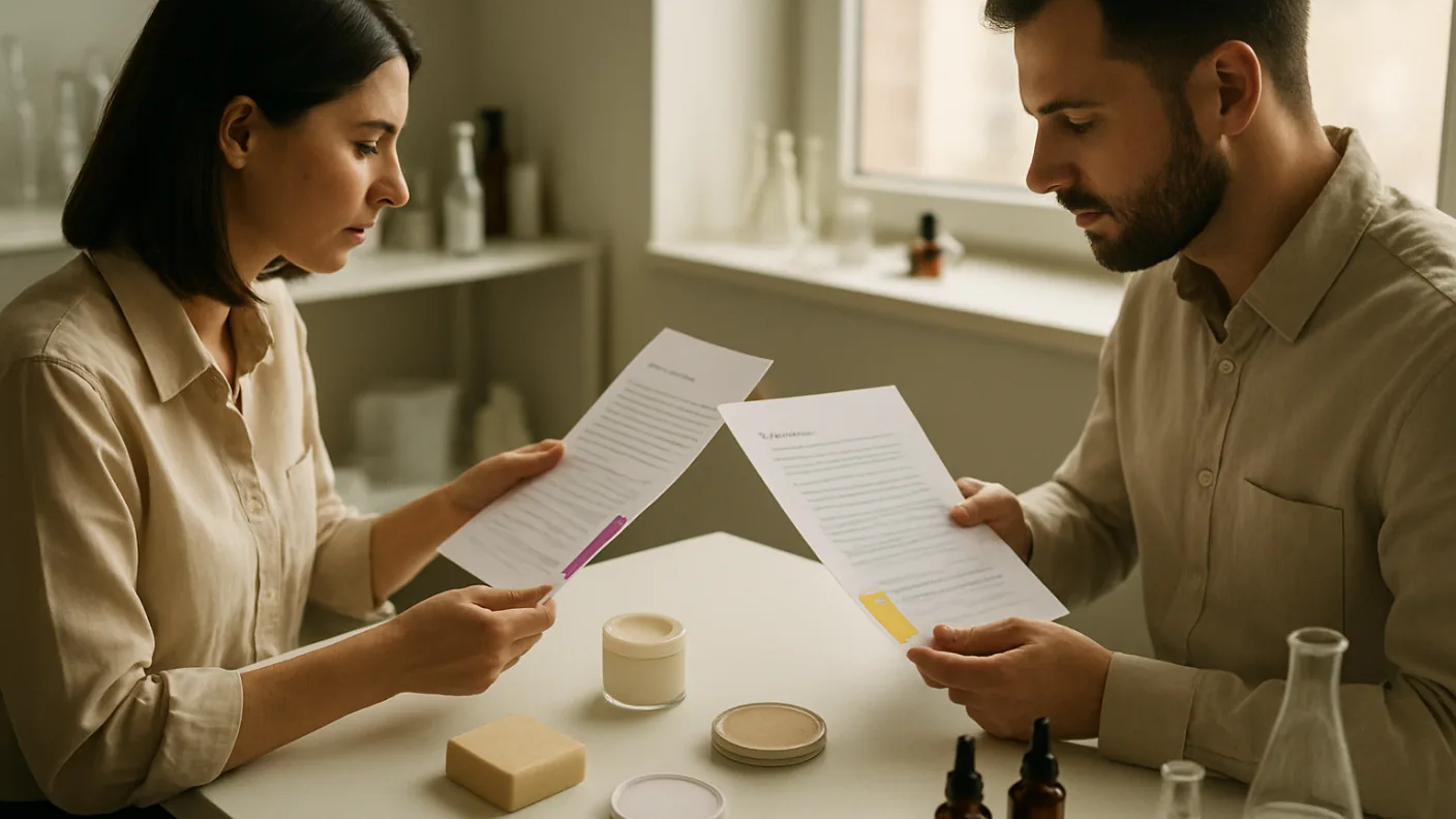 Two people comparing printed test reports at a table with a cream jar between them