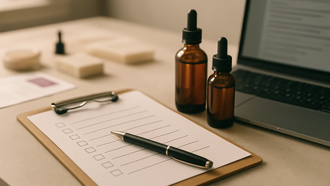 Checklist on a clipboard with a pen beside amber fragrance bottles and a laptop