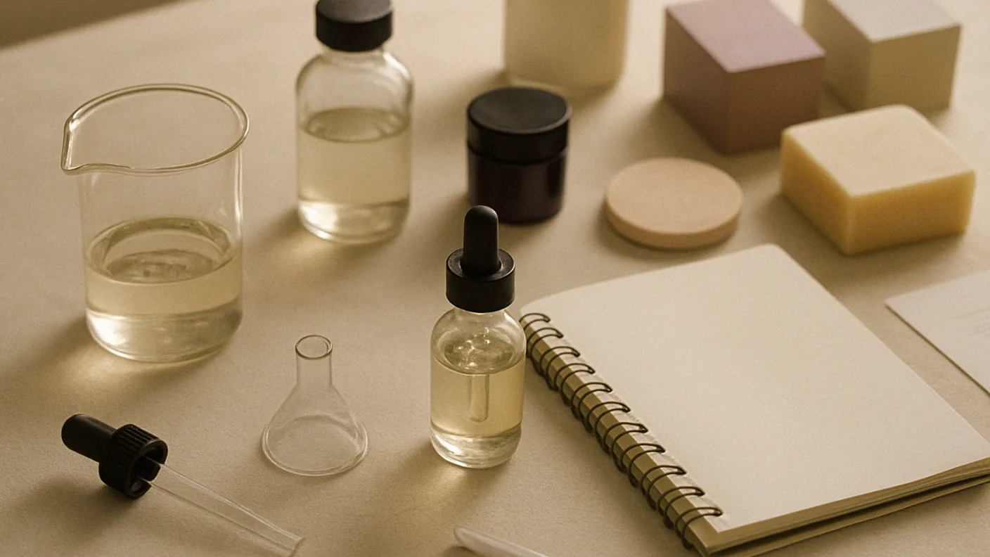 A perfumer's bench seen from above with a measuring beaker, a glass dropper, a funnel, a half-filled bottle of pale liquid and a blank notebook.