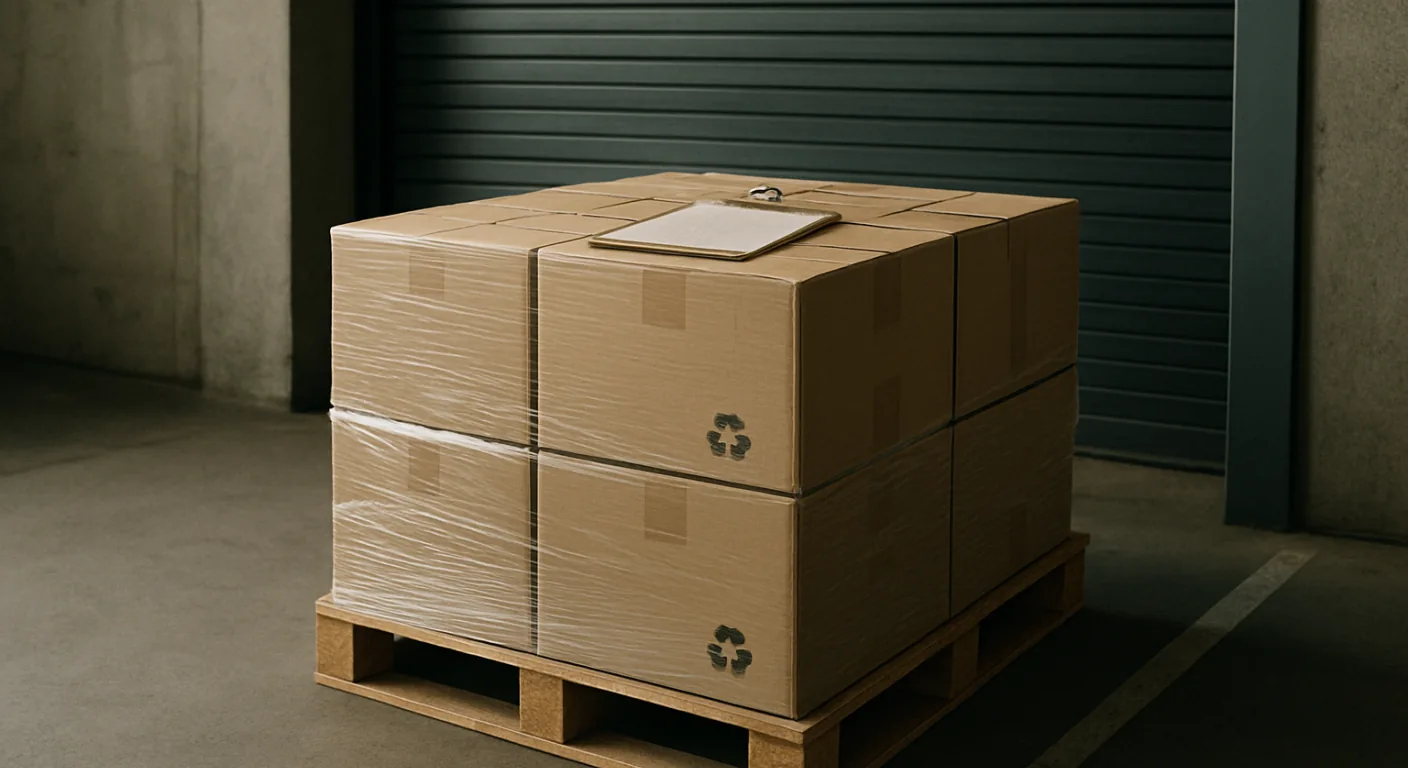 A pallet of sealed, film-wrapped cartons held at a warehouse loading dock, goods waiting until the seller's EPR registration number is issued