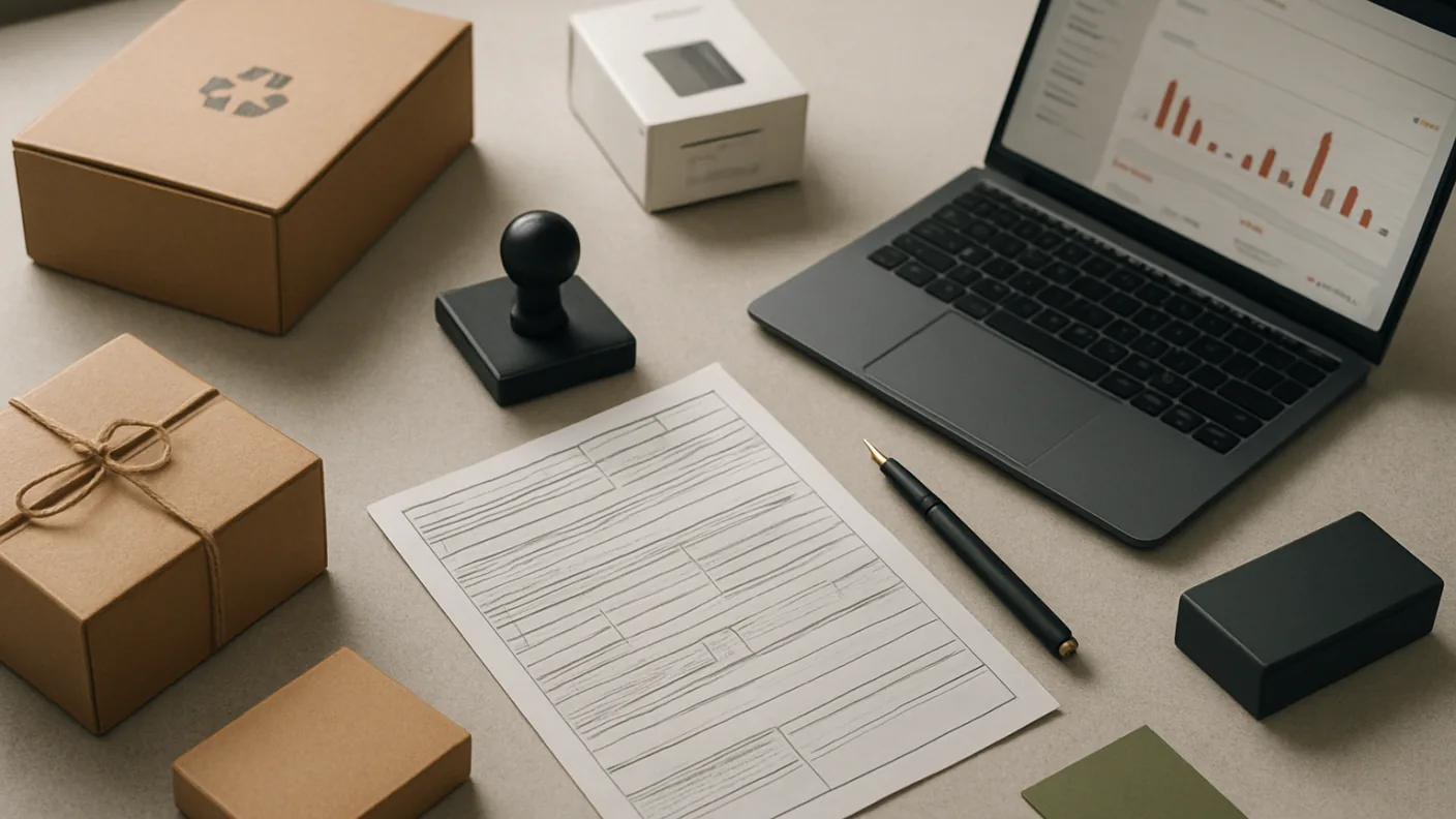 A customs declaration form, a stamp and a boxed small appliance on an office desk, the paperwork of a buyer importing goods as importer of record