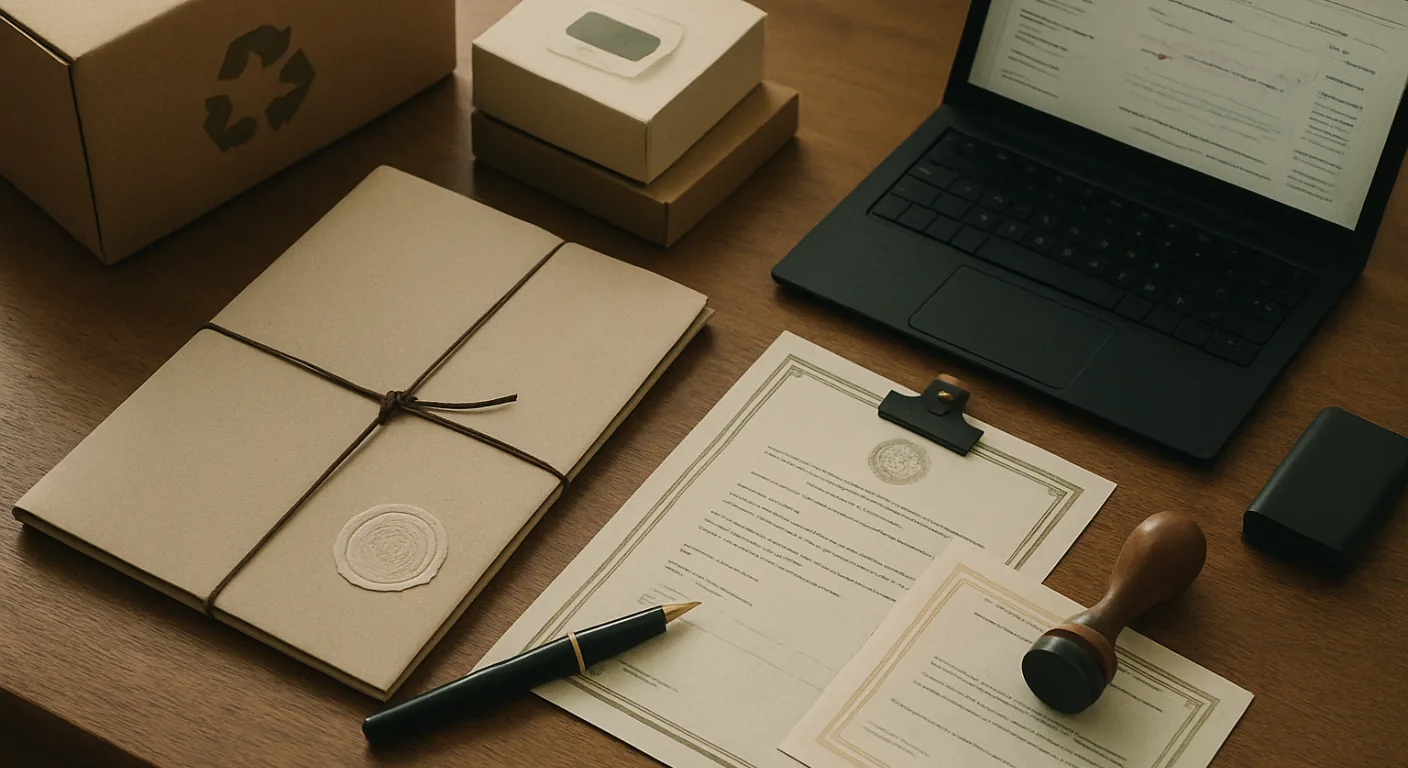 A notary's desk with a power of attorney carrying an embossed seal, a passport and a company certificate with its translation clipped on top, the papers behind a Spanish NIF application