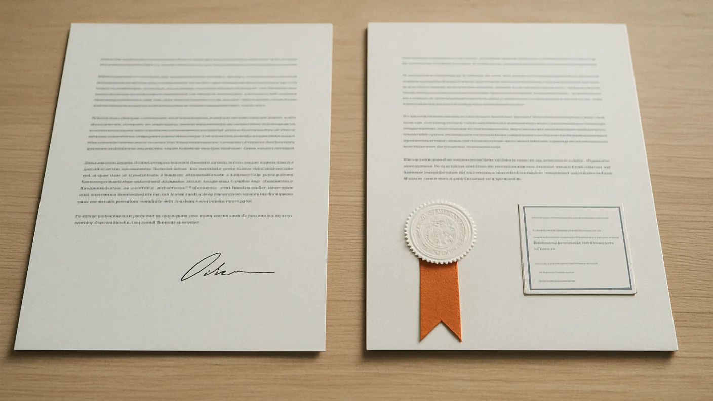 A signed document beside the same document with a notary's seal and an attached apostille certificate, on a plain wooden table