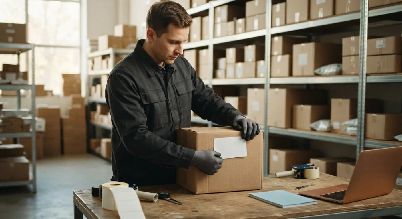 A warehouse worker pressing a plain white sticker onto the side of an unbranded shipping carton in front of stacked shelves