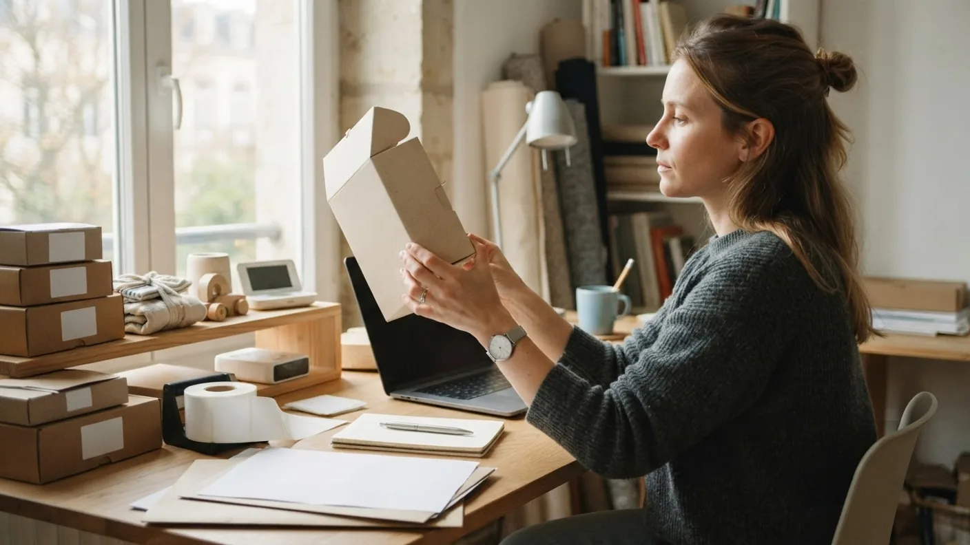 A seller at a home office desk holding a printed packaging sample beside a laptop and a roll of blank labels