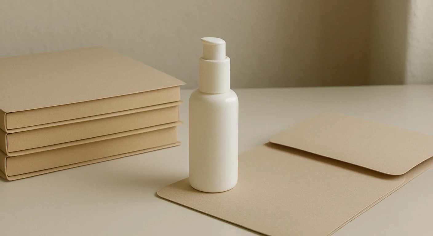 A stack of closed document folders beside an empty open folder with a single skincare bottle between them on a clean desk