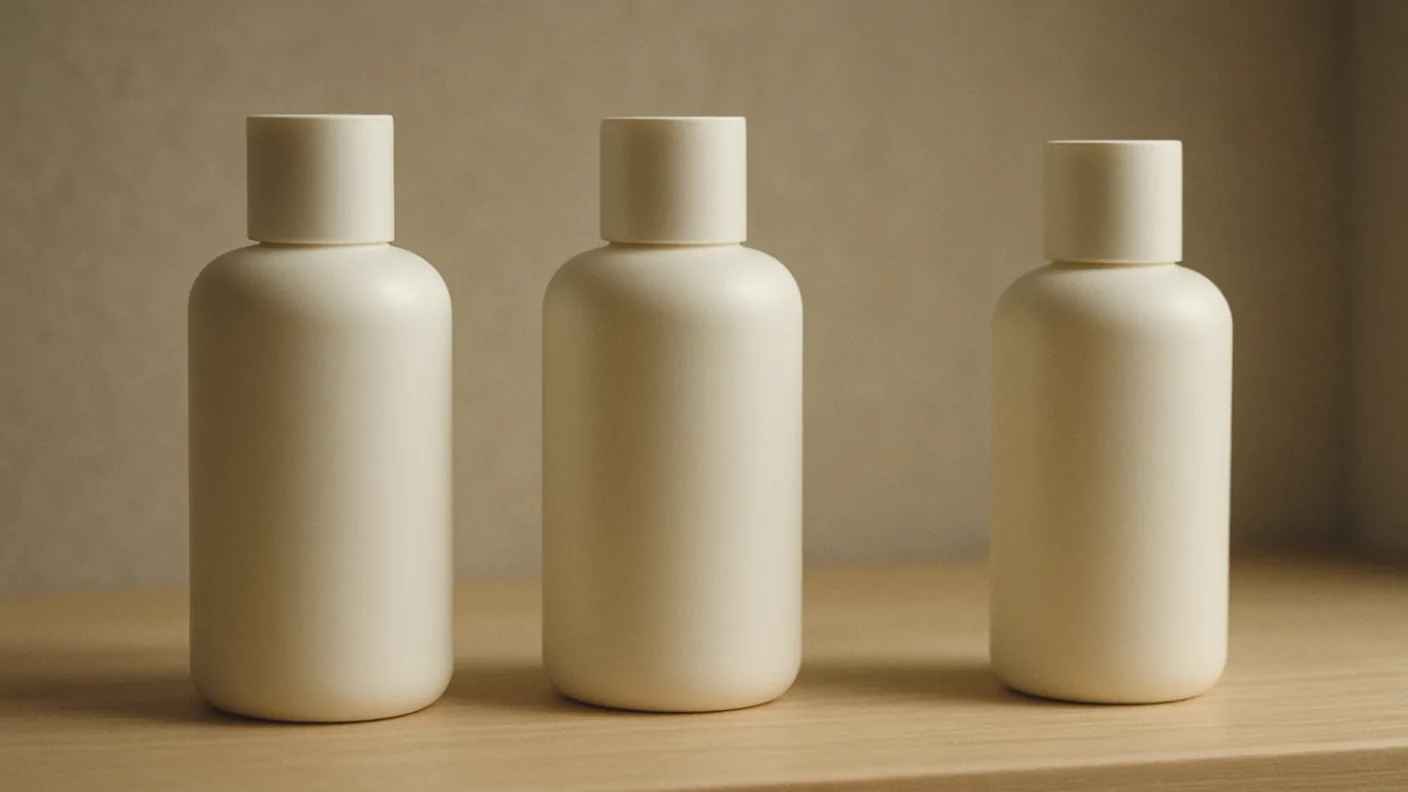 Three identical skincare bottles on a pale shelf with one set slightly apart from the other two