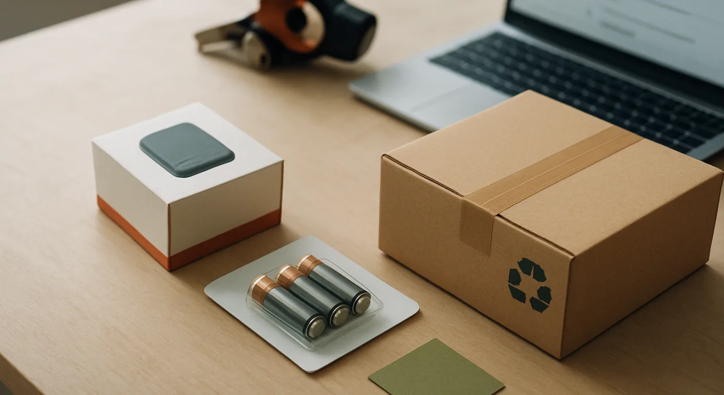 A packing bench with a boxed electrical appliance, a pack of household batteries and a cardboard shipping box set apart, the three streams a seller checks before shipping to the UK