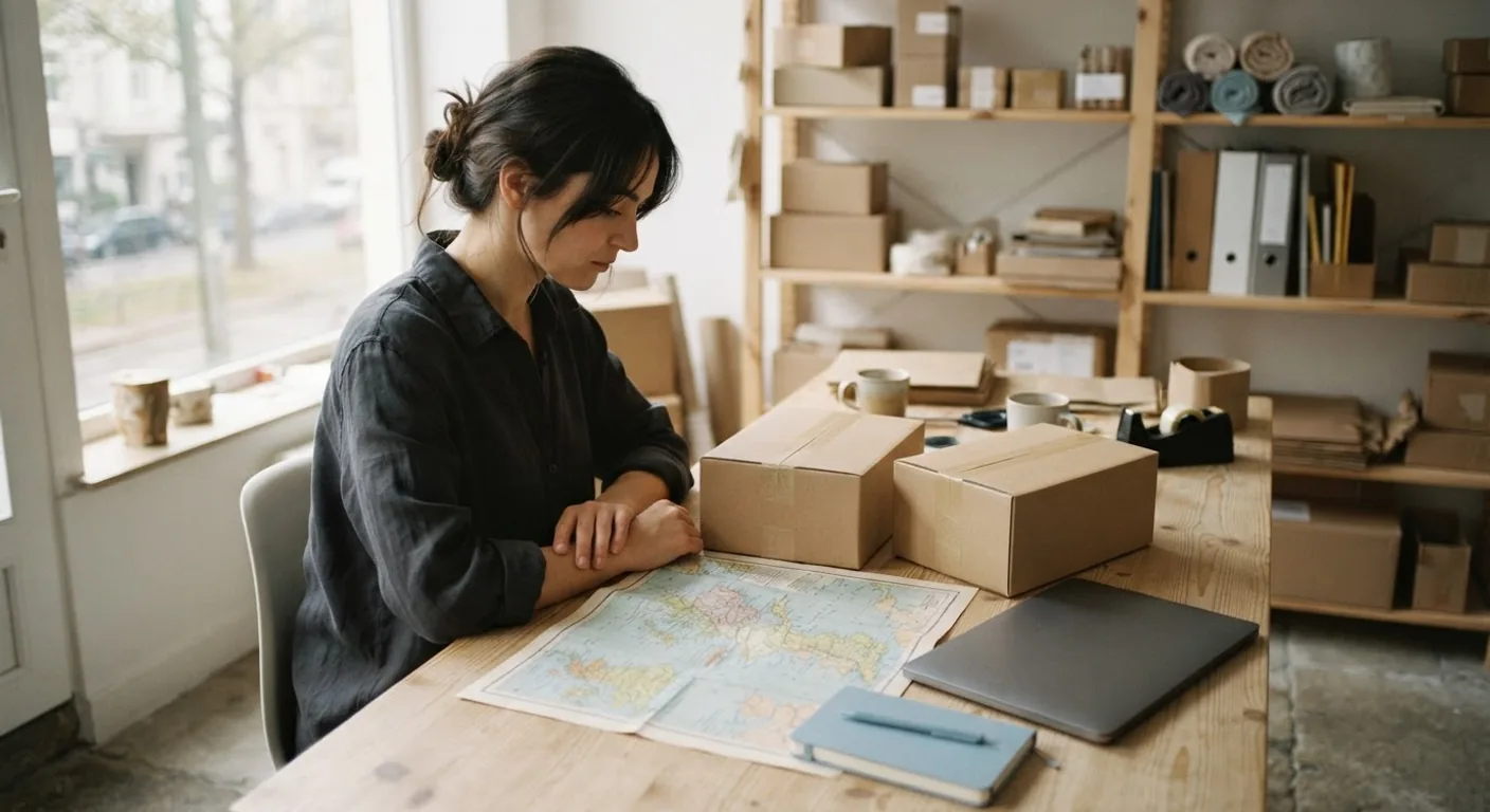 A seller at a desk with two plain parcels side by side, one bound for Great Britain and one for continental Europe