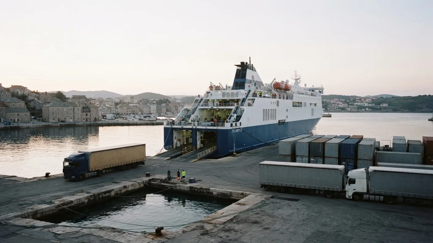 A ferry at a quiet harbour at dawn with stacked freight containers on the quay, no legible text