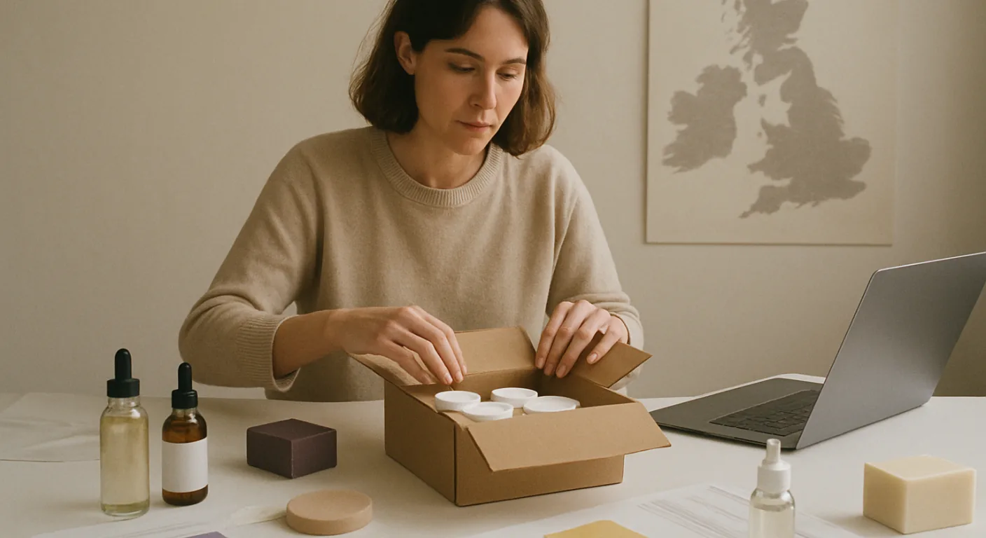 A parcel of unbranded cosmetic jars packed in a box on a desk beside a laptop angled away and a plain paper map of the British Isles