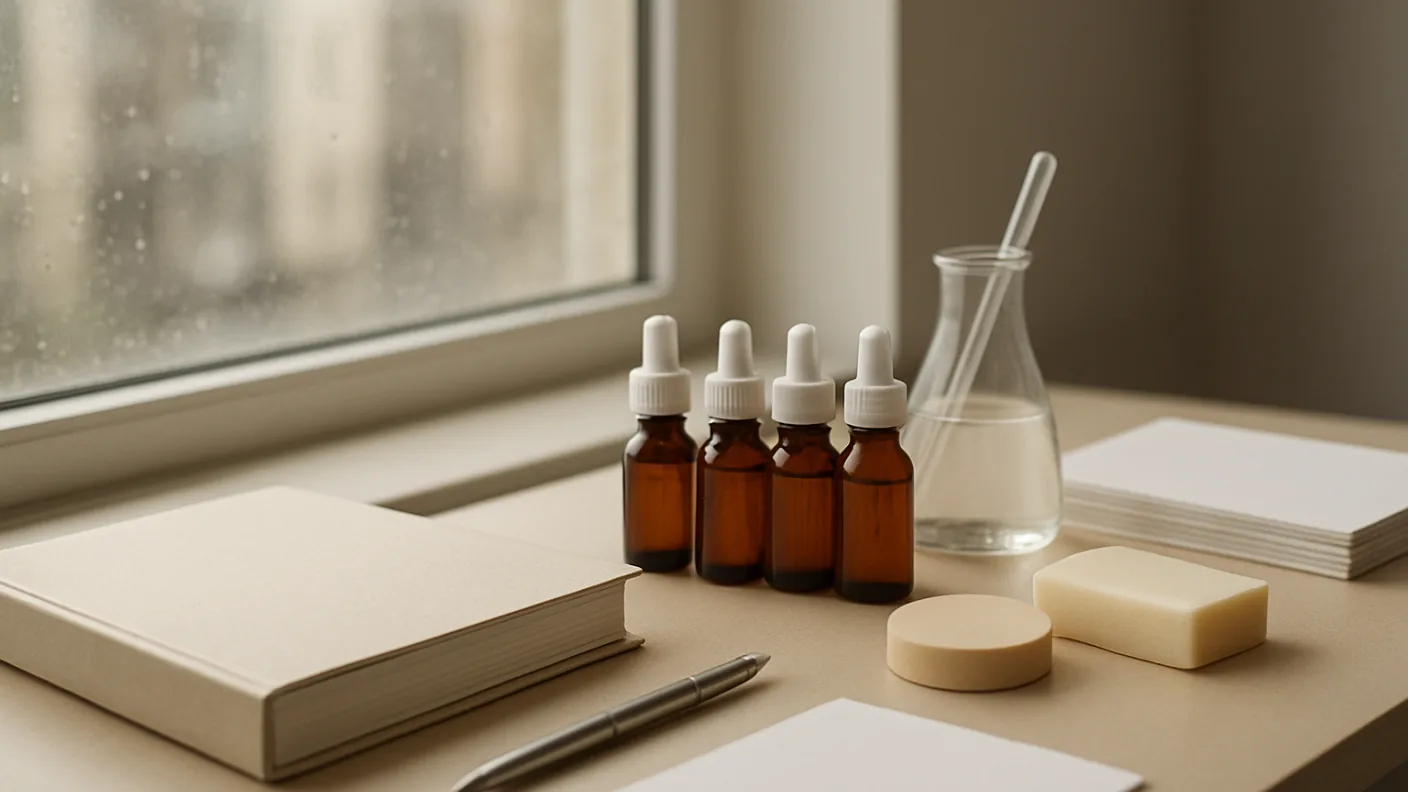 A tidy desk with a ring binder, a pen and a row of small cosmetic bottles beside a window overlooking a rainy city street