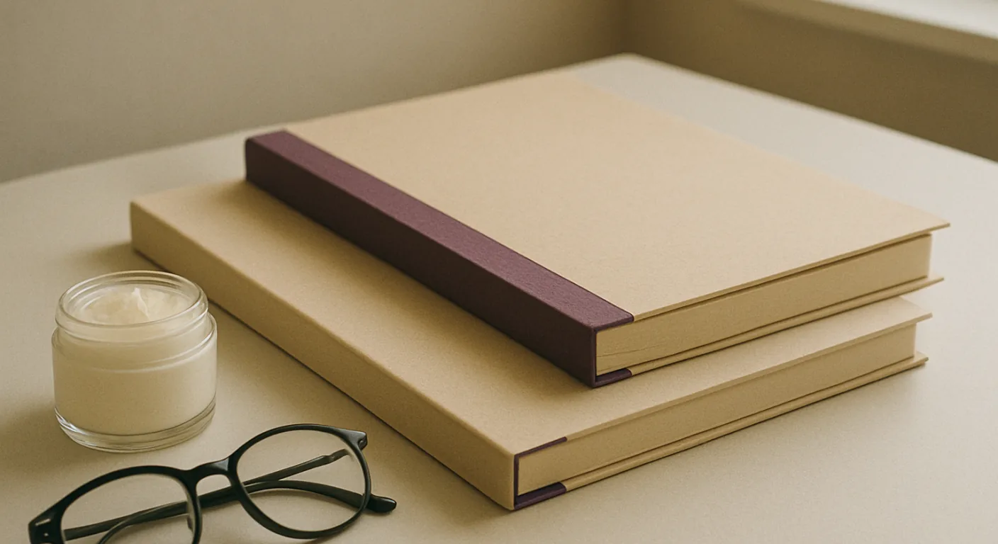 Two bound document folders, one thin and one thicker, beside a small glass jar of cream and reading glasses on a pale desk