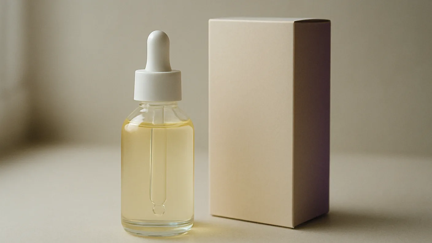 A cosmetic bottle and its carton standing side by side on a pale surface with the back of the carton turned away