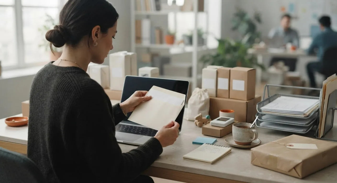 A compliance professional at a tidy desk opening a plain envelope beside a laptop angled away from the camera