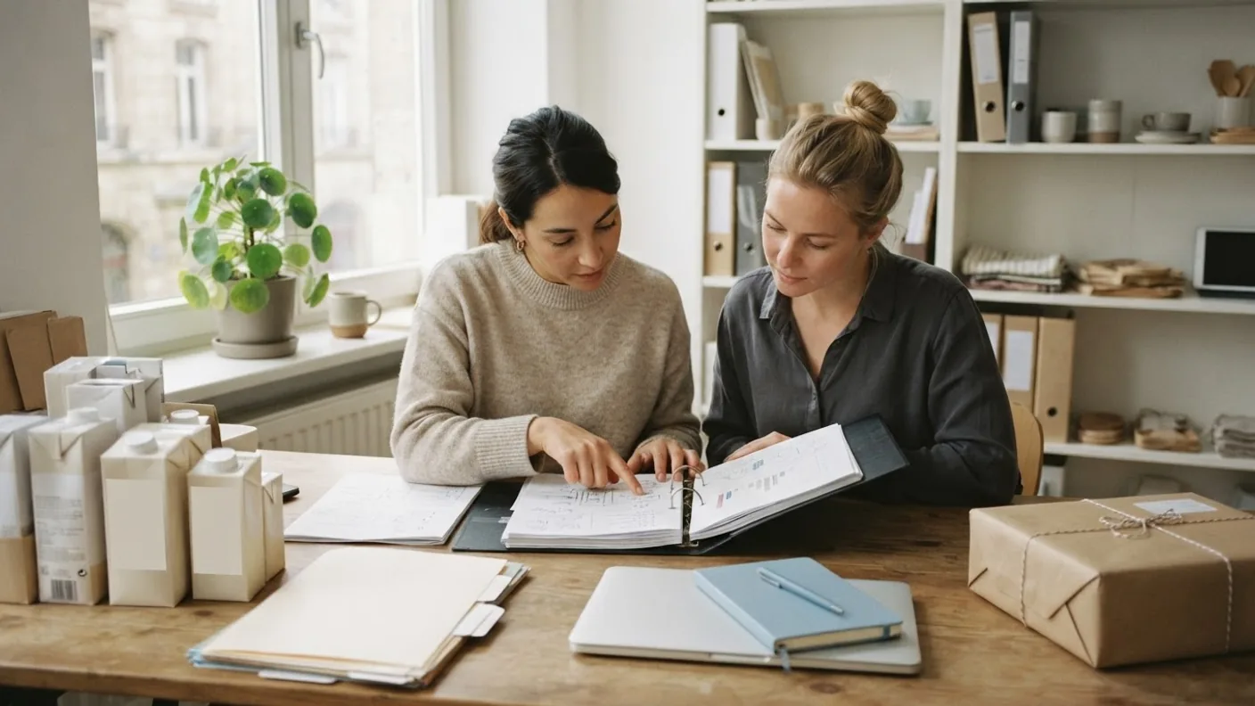Two colleagues in a small bright office looking through a binder together at a shared desk