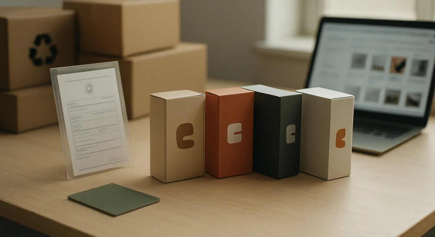 Boxed small electronics in several colours, each sold under its own brand, lined up beside a registration certificate in a clear sleeve
