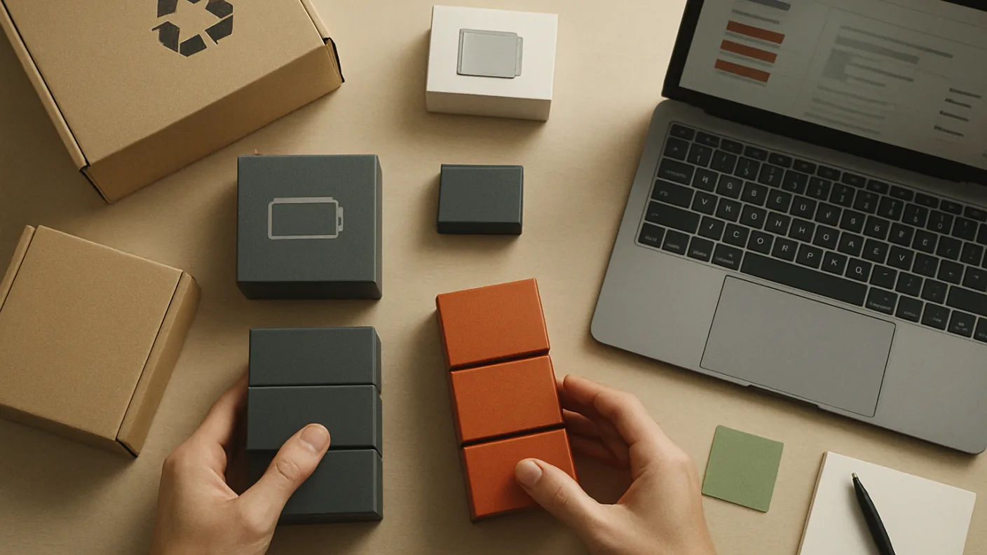 A seller sorting product boxes into separate groups by brand on a desk before listing them for registration