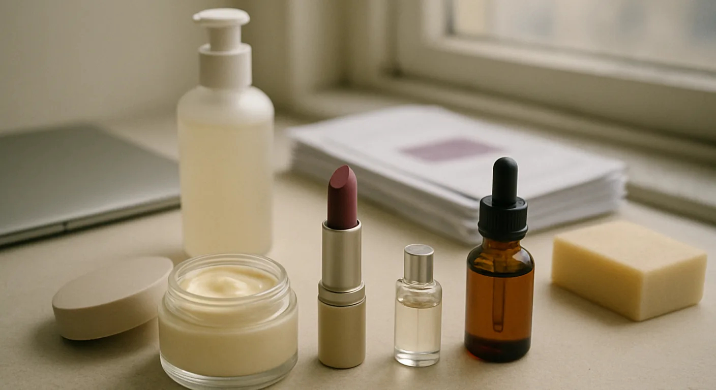 A tidy workbench in soft daylight with a cream jar, a lipstick, a pump bottle and a small perfume vial beside a closed laptop and a stack of printed forms.