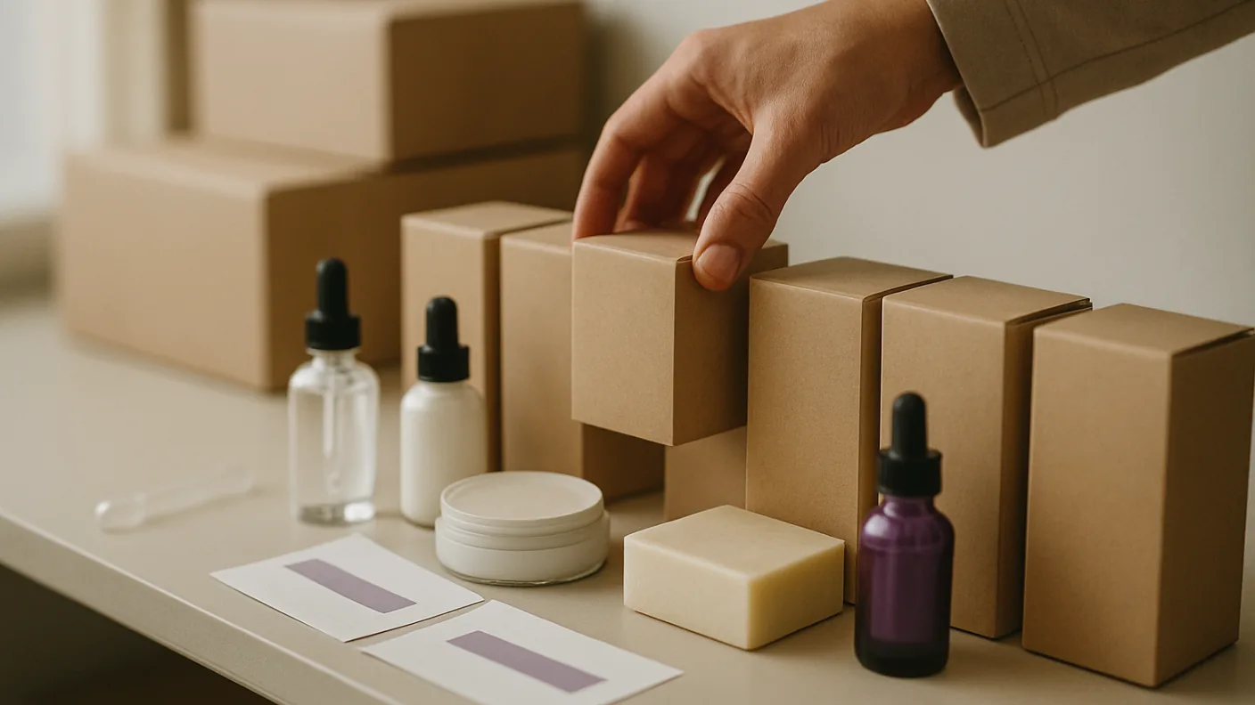A hand placing a plain carton on a shelf of sample boxes, each holding a different cosmetic product, in calm neutral tones.