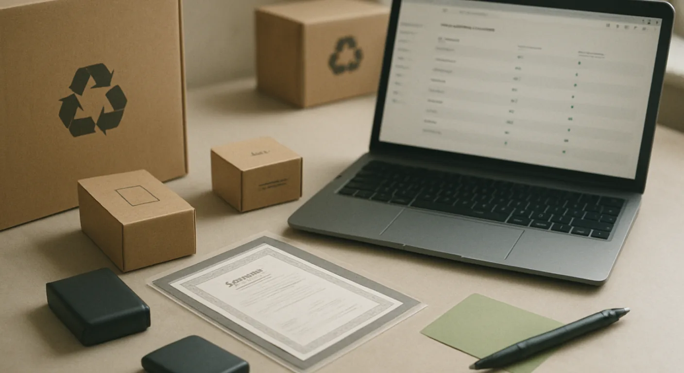 A laptop showing a list of countries with completed ticks beside a printed registration certificate in a clear sleeve and boxed products, the deliverables of a completed EPR registration