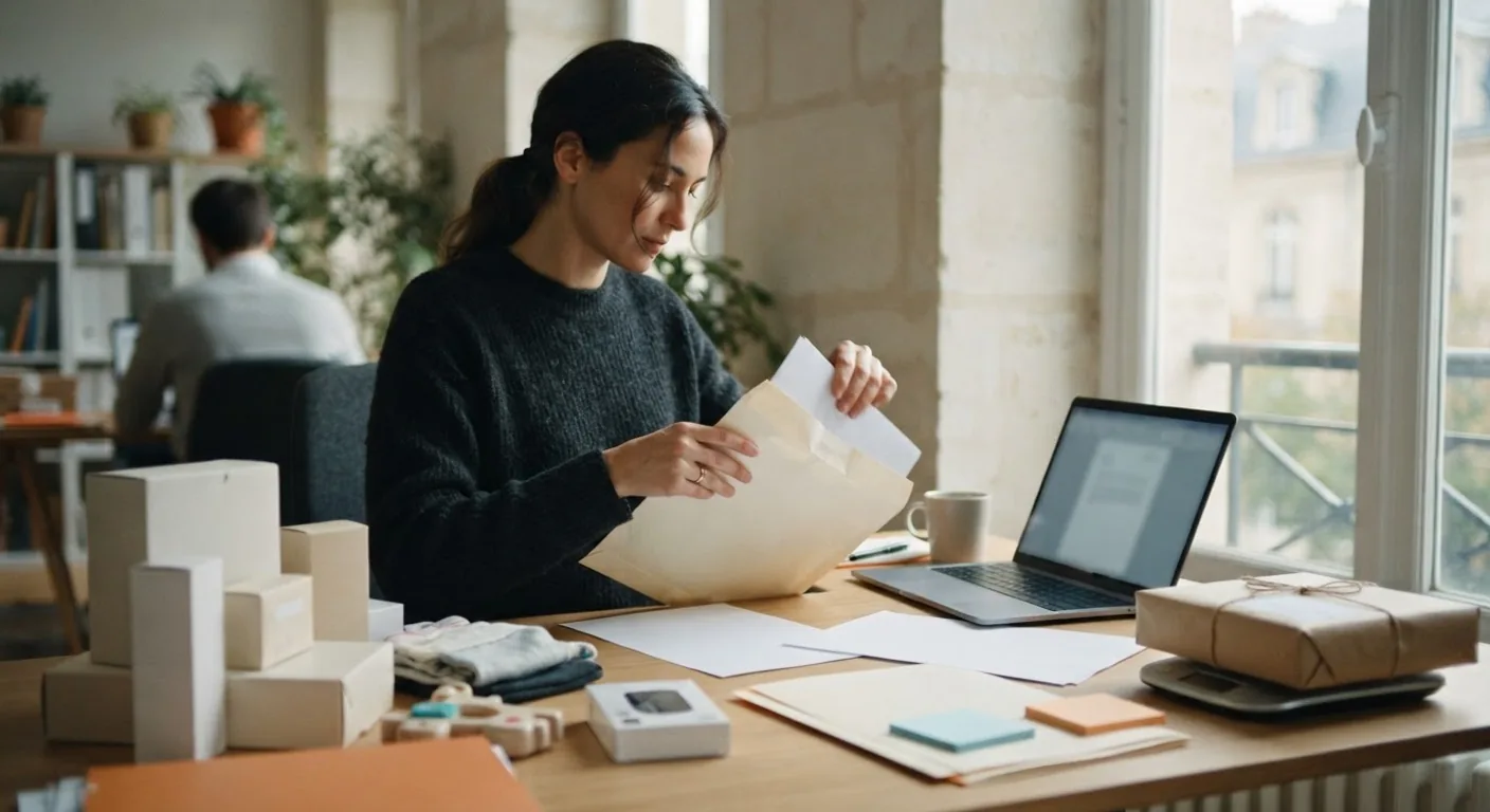 A compliance officer at a tidy desk opening a large envelope beside a laptop and a small stack of plain product boxes