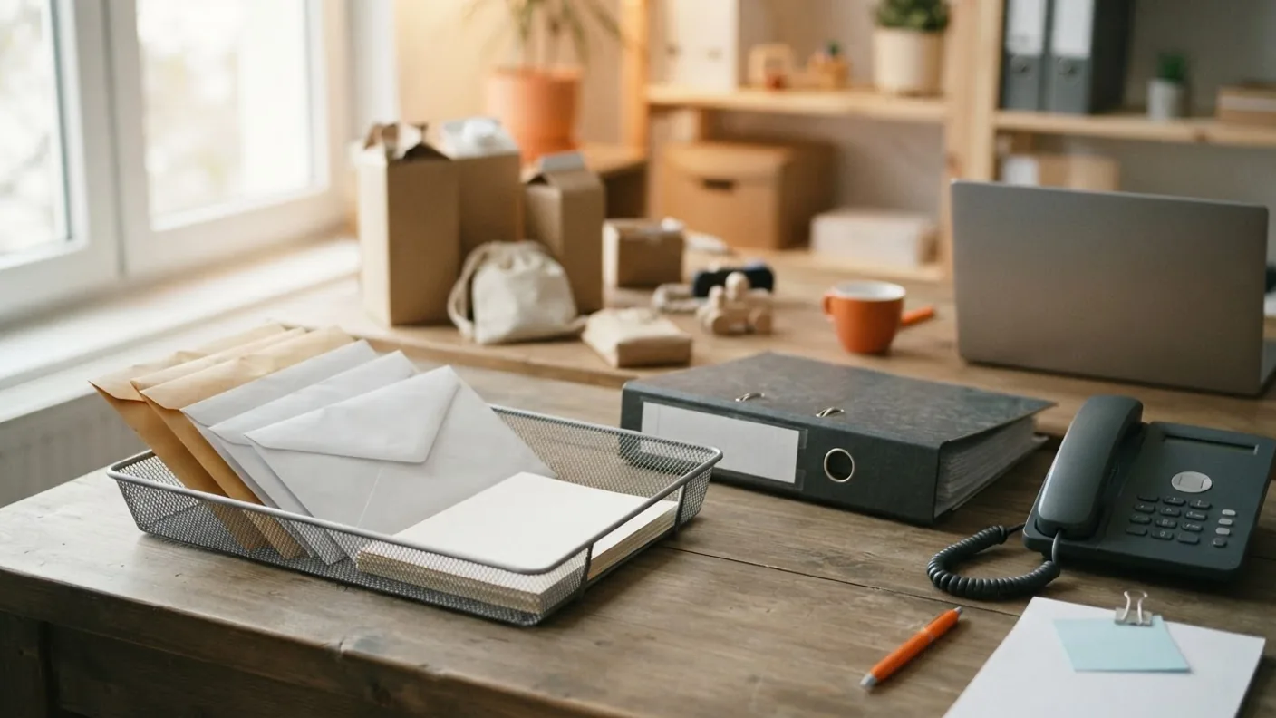 A filing tray of sealed envelopes and a ring binder next to a desk phone, with a plain product box in soft focus behind