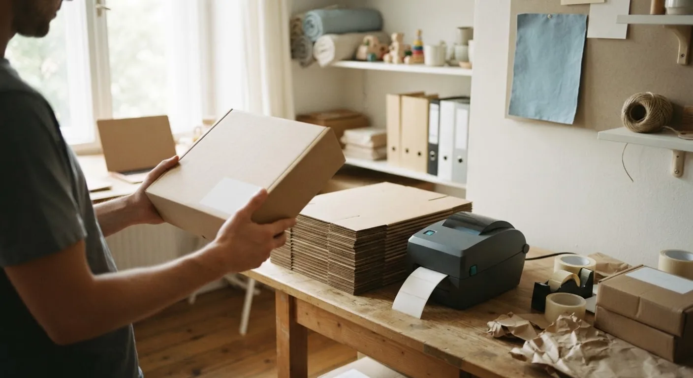 Printed product boxes coming off a small packaging printer, with a blank address panel on each box