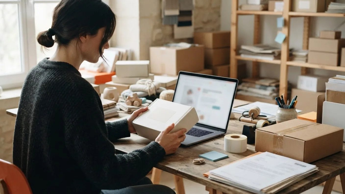 A seller checking a product box label against a laptop showing an online listing