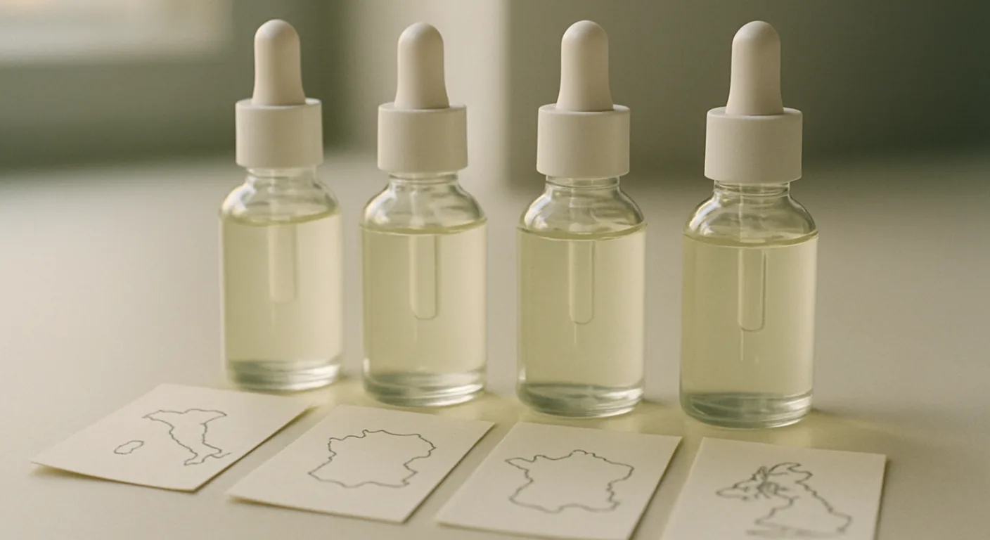 Four small cosmetic bottles in a row on a pale desk, each beside a different folded paper outline map of a region.