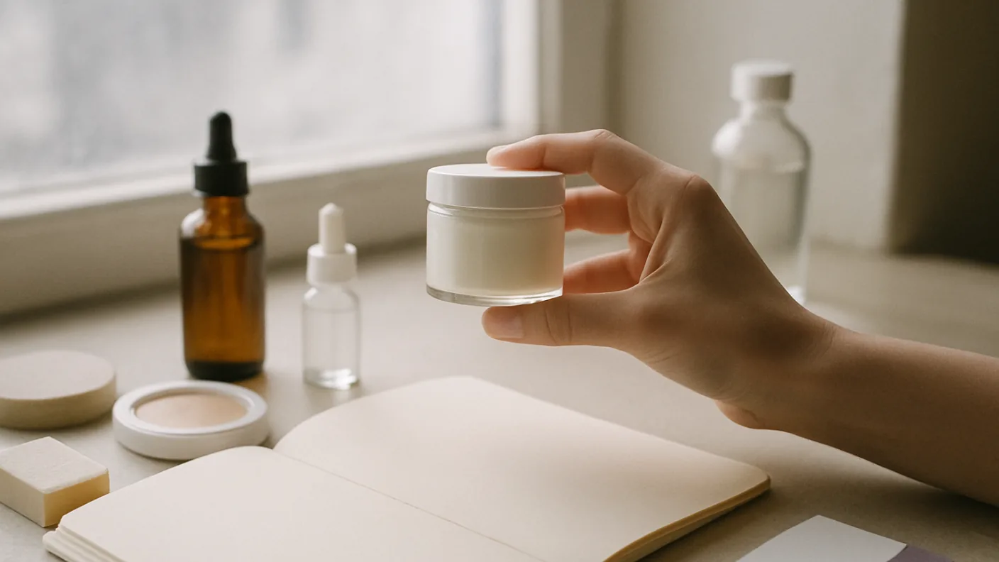 A hand holding a sealed cosmetic jar up to a window while a pale folder of blank documents lies open on the table below.