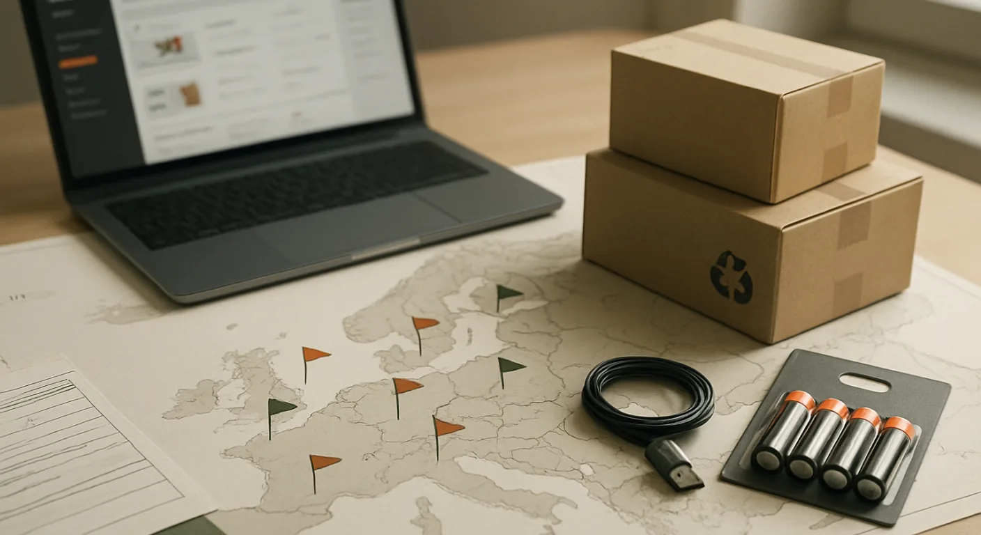 An unlabelled outline map of Europe on a desk with paper flags pinned across many countries, beside small parcels, a charging cable and a pack of batteries