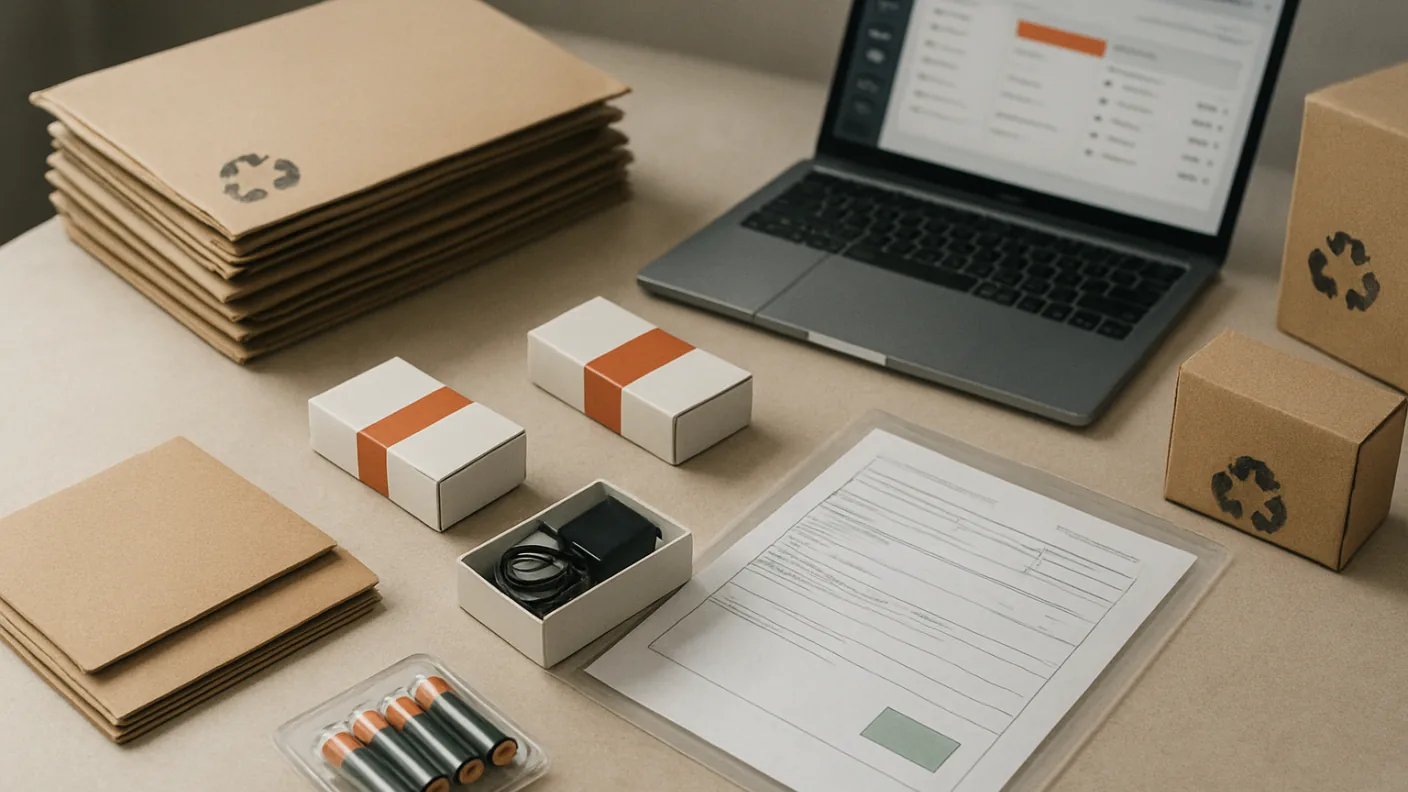 Cardboard mailers, boxed small electronics and household batteries sorted into groups on a packing bench beside a signed document in a clear sleeve