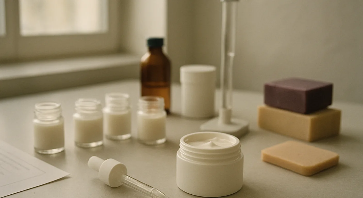 Glass sample jars and a pipette on a laboratory bench beside a small cosmetic cream tub